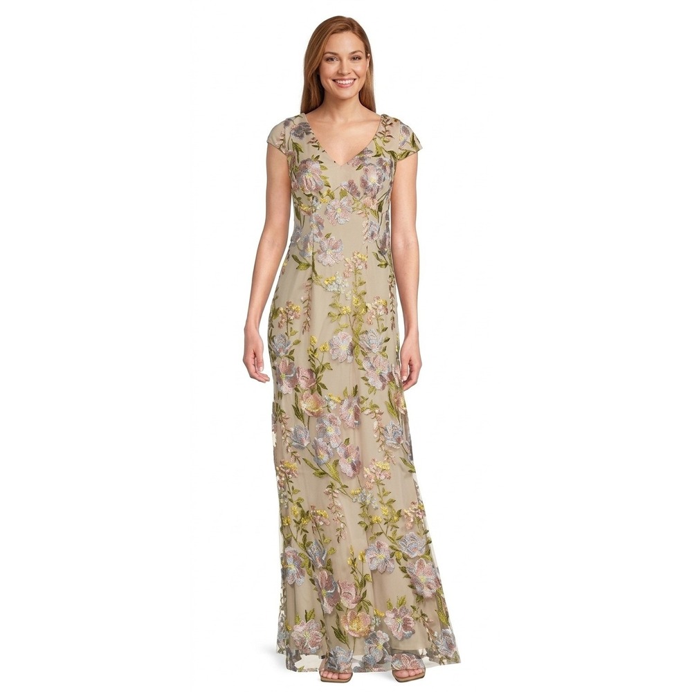 R&M Richards Floral Embroidered Mesh Gown Multi  Cap Sleeve V-Neck Maxi Dress 10